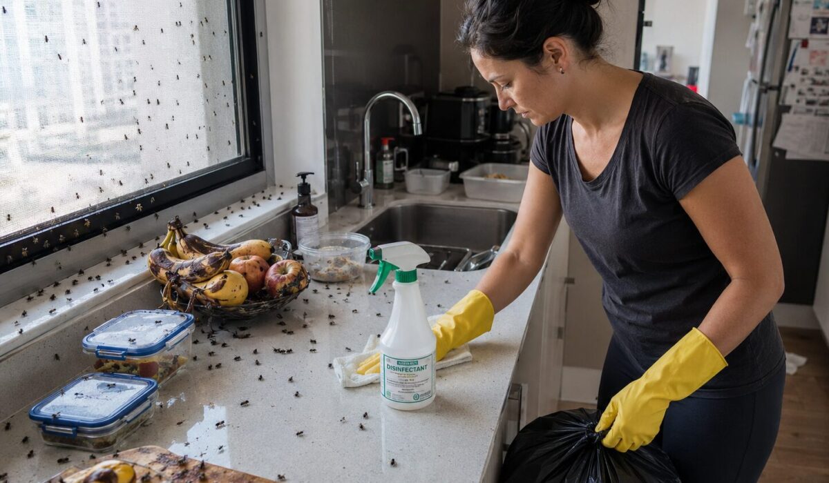 Personne nettoyant une cuisine envahie par les mouches pour supprimer les déchets, traiter les zones humides et casser le cycle de reproduction