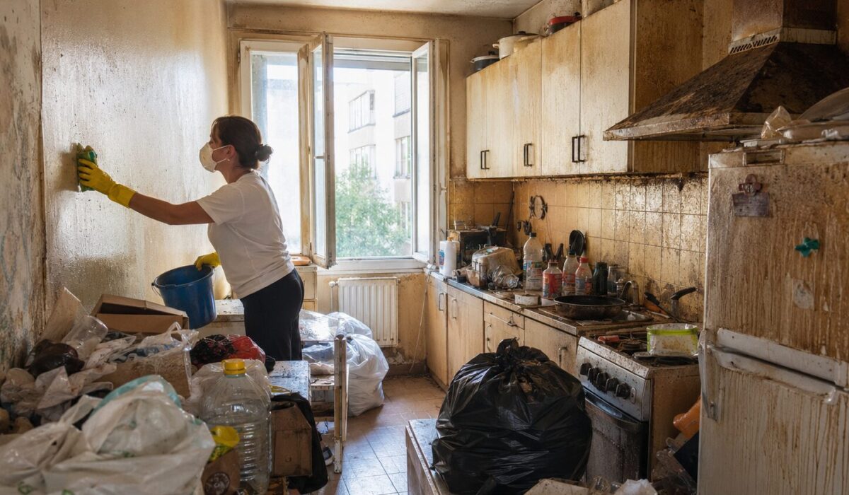 Nettoyage d’une cuisine Diogène avec murs imprégnés de graisse et d’odeurs de cuisson