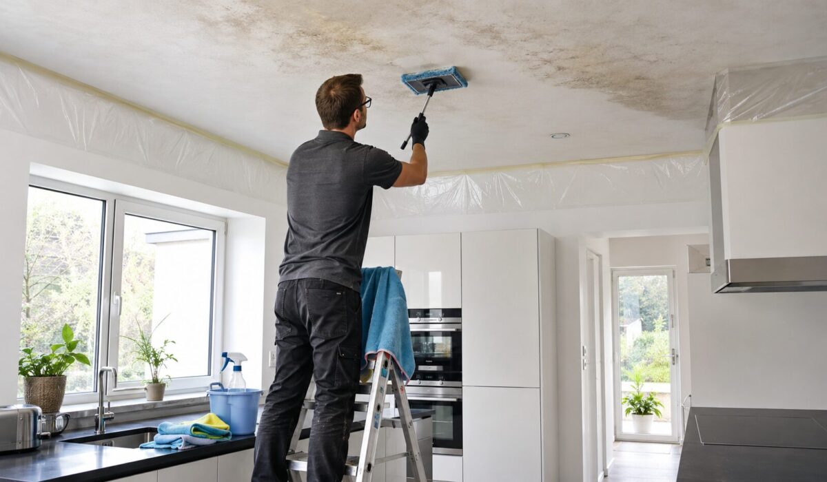 Nettoyage d’un plafond gras de cuisine avec protection des murs pour éviter les coulures de saleté