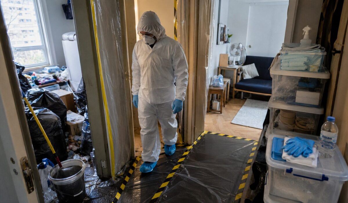 Agent de nettoyage en combinaison de protection organisant un sas propre sale dans un appartement exigu lors d’un nettoyage extrême.