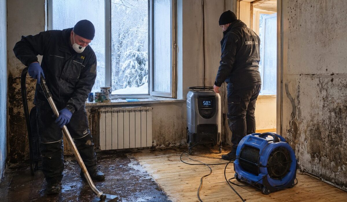 Professionnels réalisant un nettoyage extrême en période de gel avec déshumidificateur, ventilation contrôlée et séchage des sols humides