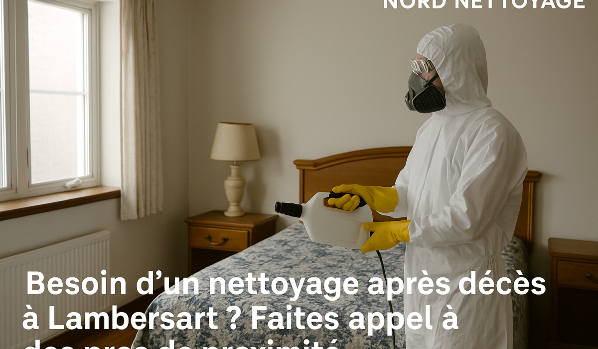 Agent de désinfection en combinaison intégrale intervenant après un décès dans une maison à Lambersart.