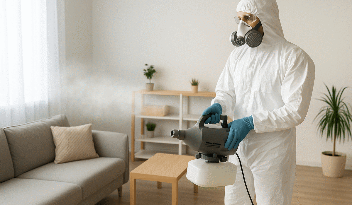 Technicien de désinfection en combinaison intégrale intervenant après un décès dans un logement à Saint-Étienne-du-Rouvray.