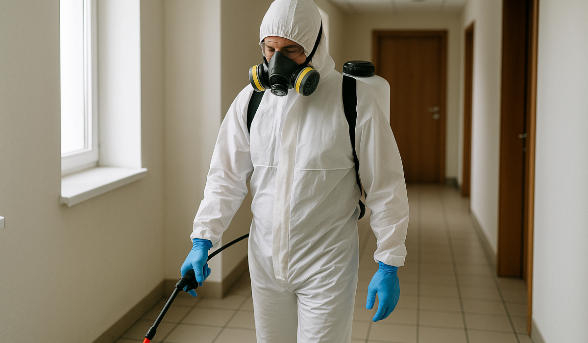 Agent de nettoyage après décès en combinaison intégrale désinfectant un couloir dans un appartement à Saint-Laurent-du-Var.