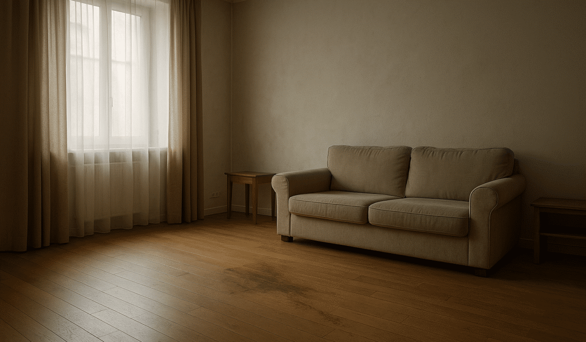 Salon vide à Schiltigheim après un décès, éclairé par une lumière douce filtrée par les rideaux.