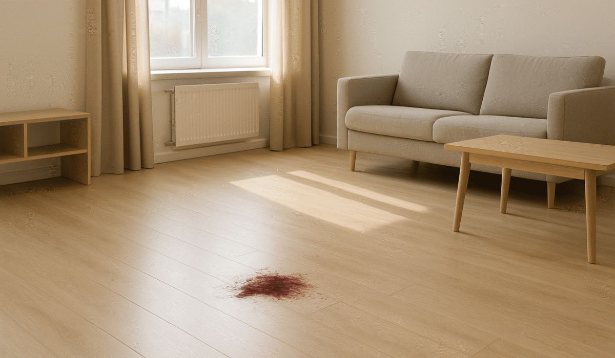Tache de sang visible sur un parquet clair dans un salon moderne, baigné de lumière naturelle.