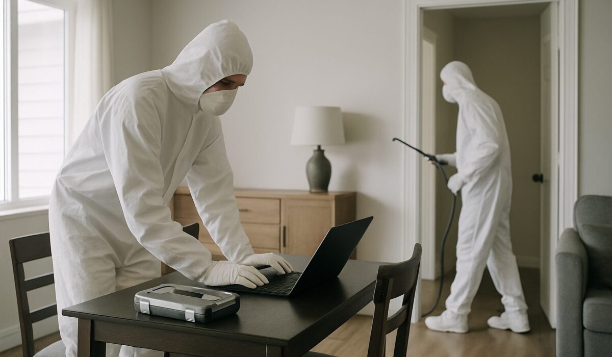 Deux techniciens en combinaisons blanches nettoient une maison après un décès.