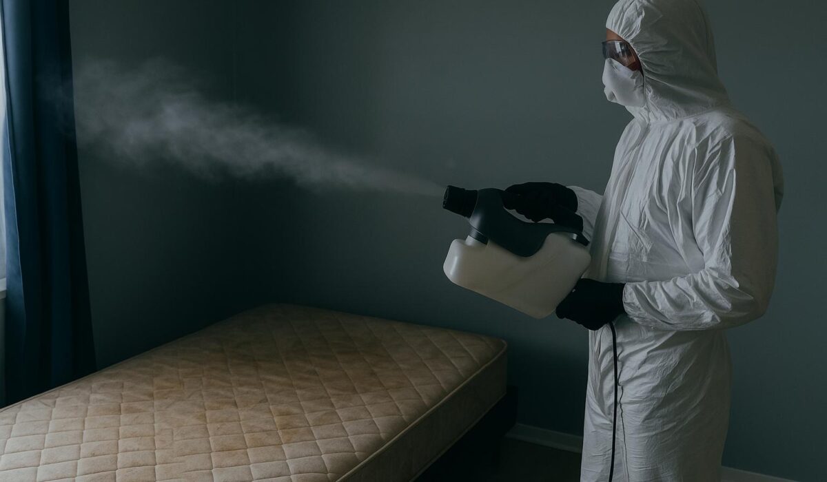 Désinfection post-mortem à Bezons réalisée par NORD NETTOYAGE, avec technicien en combinaison traitant un logement après décès