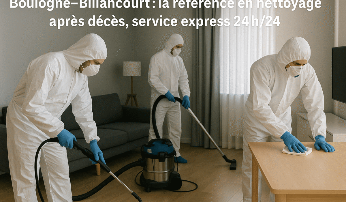 Trois spécialistes de NORD NETTOYAGE en combinaisons de protection réalisent une désinfection minutieuse dans un salon moderne à Boulogne-Billancou