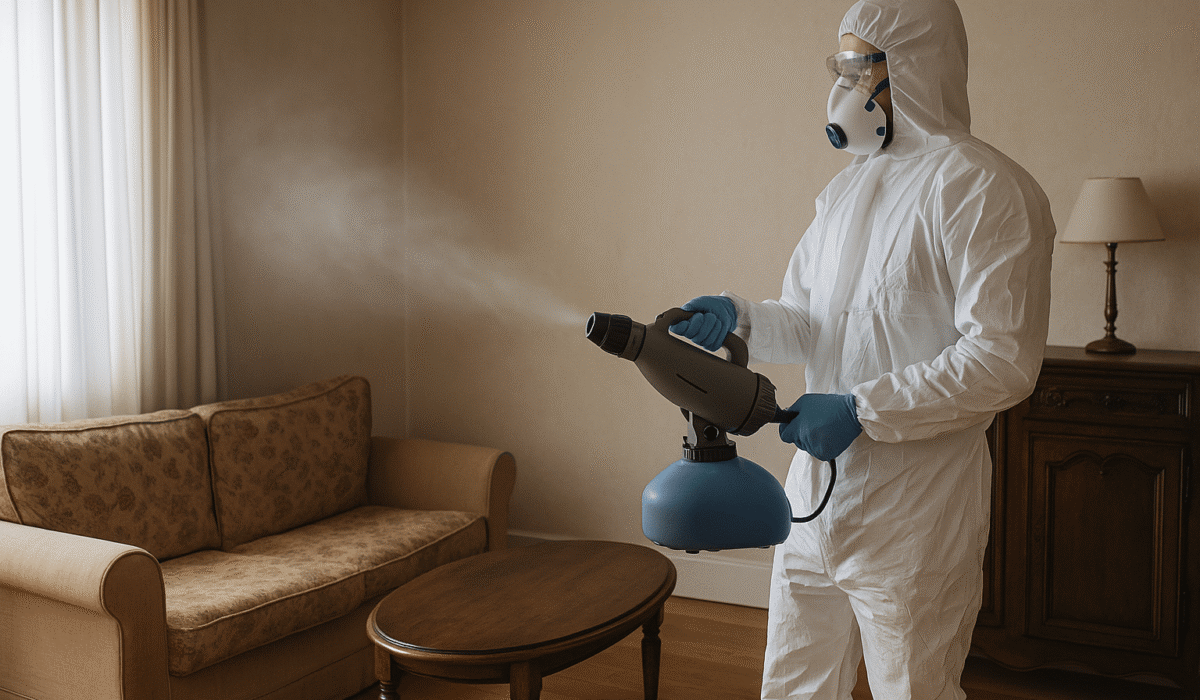 Technicien en combinaison intégrale désinfectant un salon avec un nébulisateur à Carpentras après un décès.