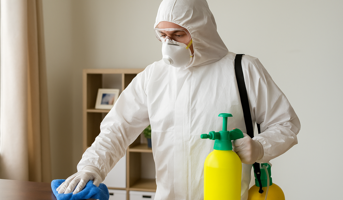 Agent de nettoyage professionnel en combinaison intégrale blanche, équipé d’un masque et de gants, prêt à désinfecter un logement à Créteil