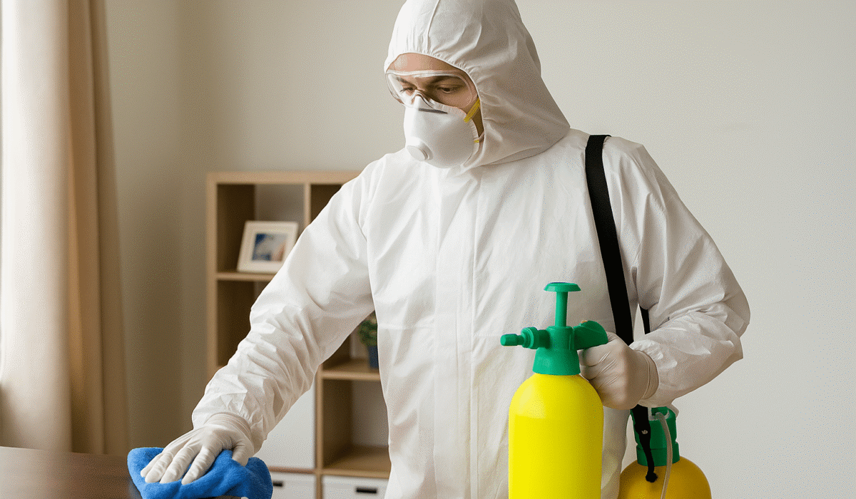 Agent de nettoyage professionnel en combinaison intégrale blanche, équipé d’un masque et de gants, prêt à désinfecter un logement à Créteil