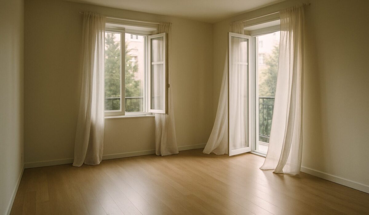 Intérieur d'un appartement vide et propre avec lumière naturelle entrant par les fenêtres.