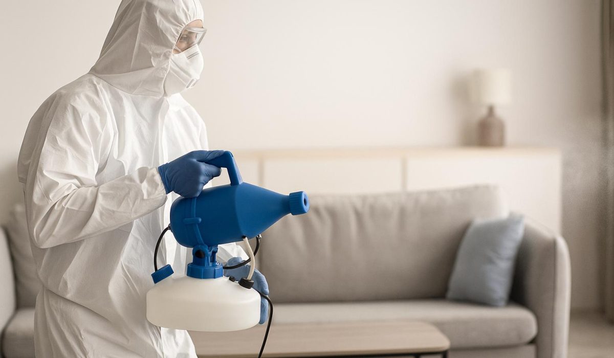 Technicien NORD NETTOYAGE en combinaison intégrale utilisant un nébuliseur dans un logement au Plessis-Robinson après un décès