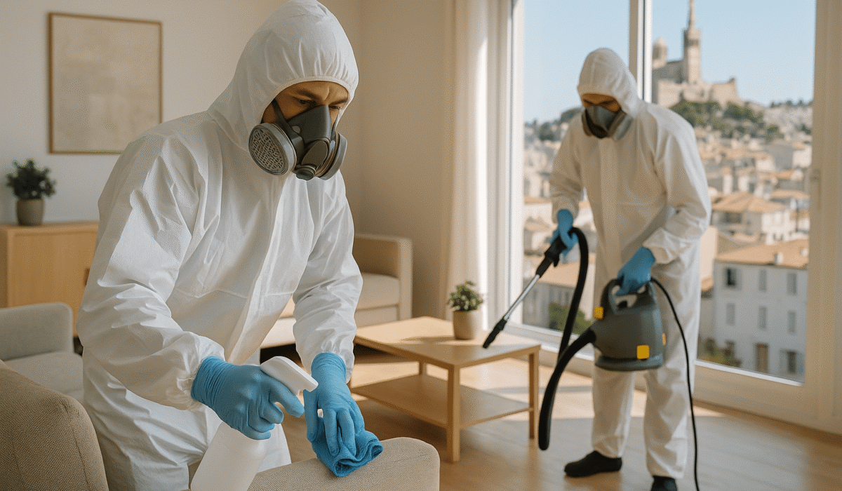 Deux agents de NORD NETTOYAGE en combinaison blanche désinfectent un appartement à Marseille avec vue sur le Vieux-Port
