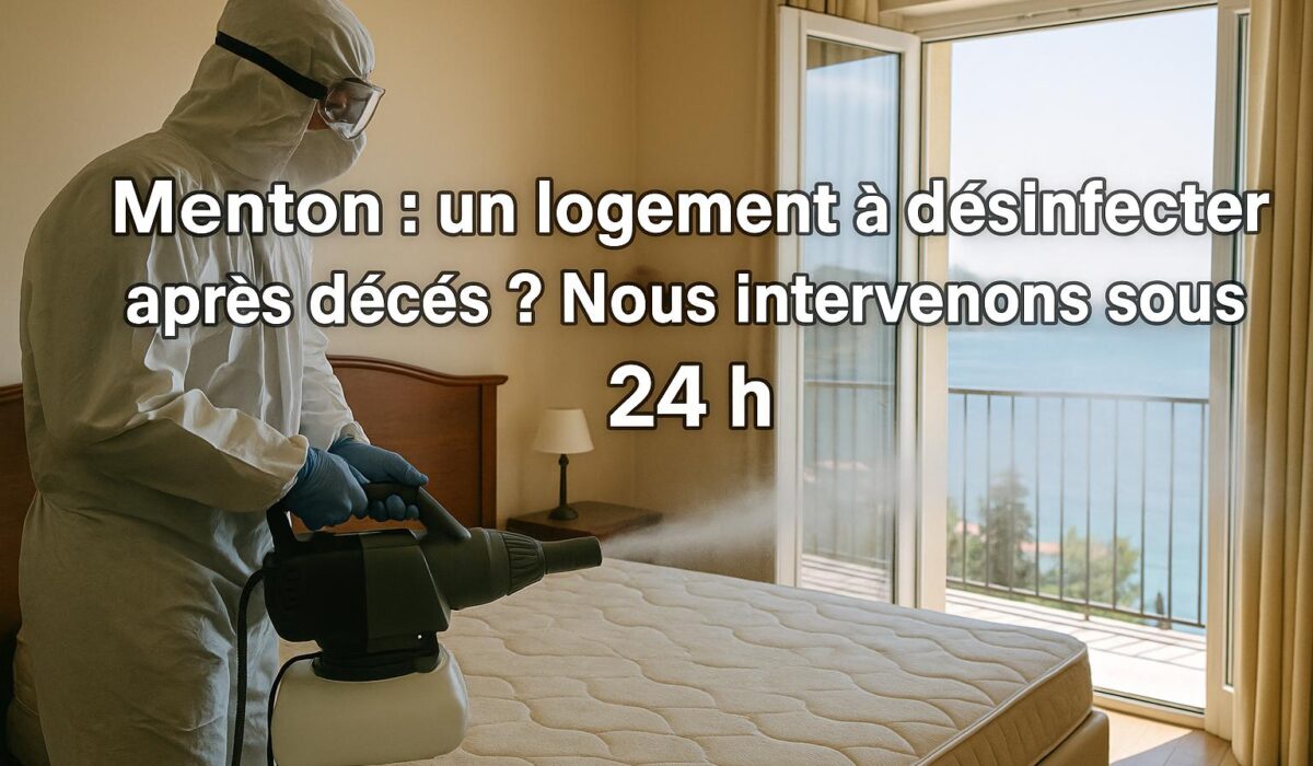 Technicien réalisant une désinfection post mortem dans un appartement à Menton après un décès, traitement par nébulisation en cours