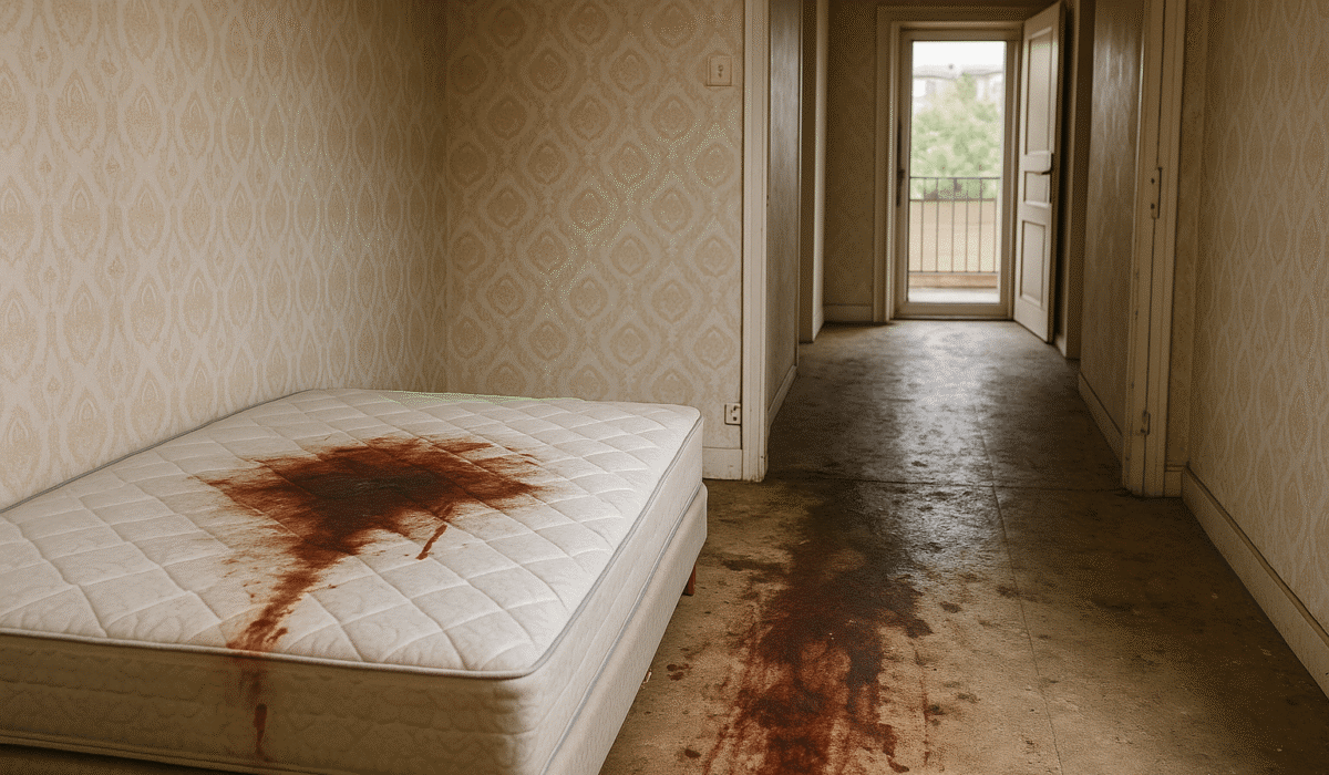 Matelas ensanglanté dans une maison ancienne avec traces au sol menant vers un couloir vide à Périgueux.
