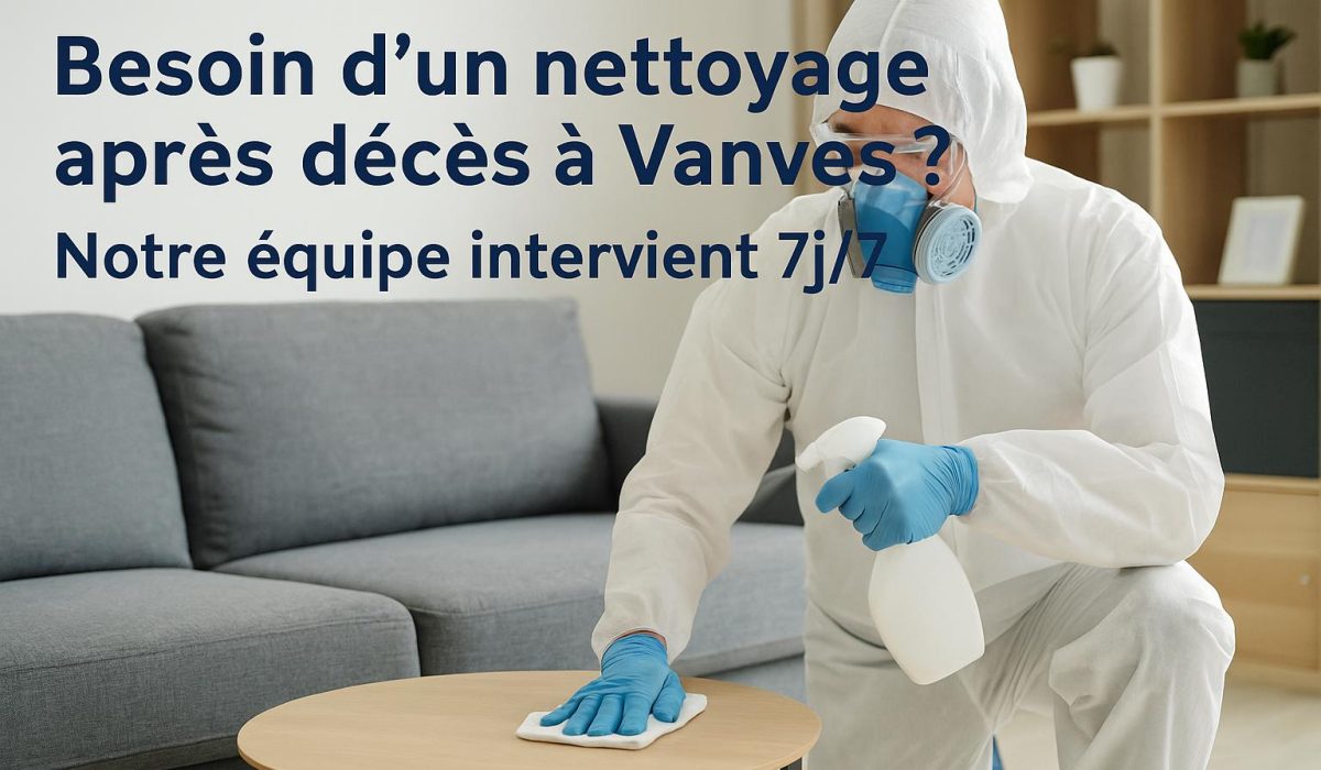 Technicien NORD NETTOYAGE en combinaison blanche désinfectant un salon à Vanves après un décès