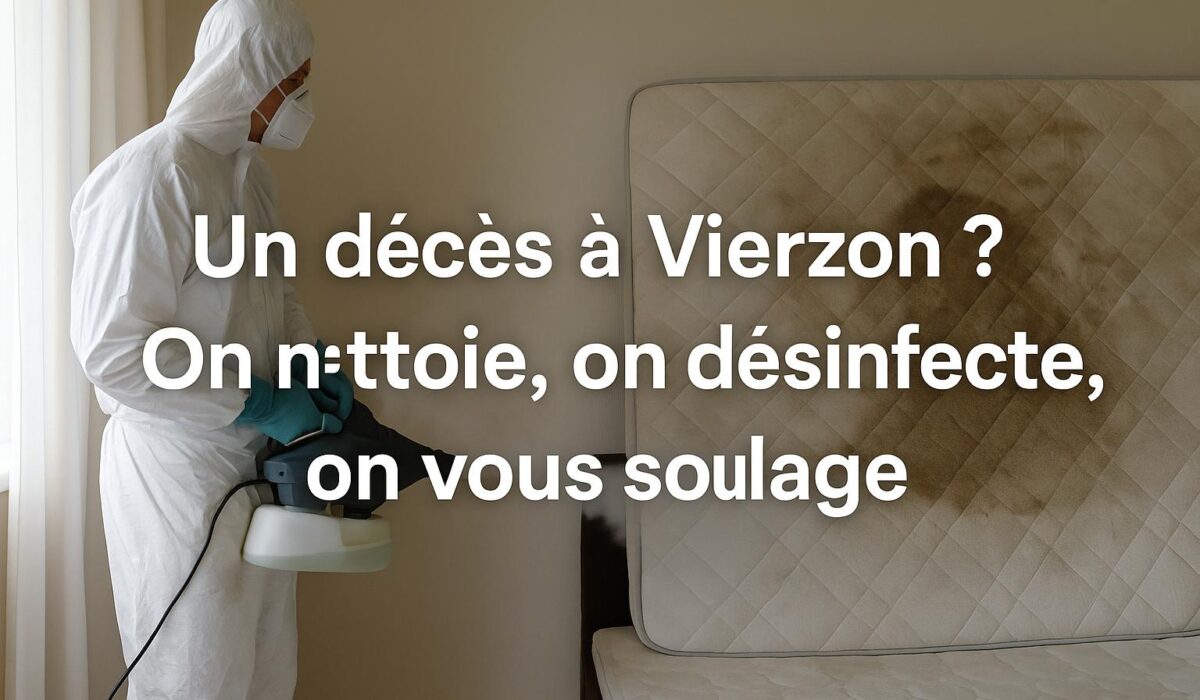 Technicien désinfectant une chambre à Vierzon après un décès, avec matelas taché visible – intervention de NORD NETTOYAGE