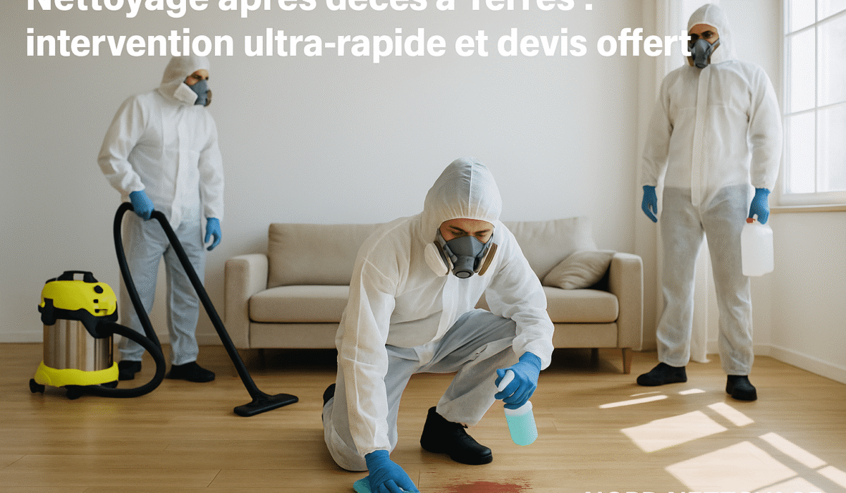 Trois experts Nord Nettoyage désinfectent un salon à Yerres après un décès, en combinaison blanche, avec nettoyage d'une tache de sang.