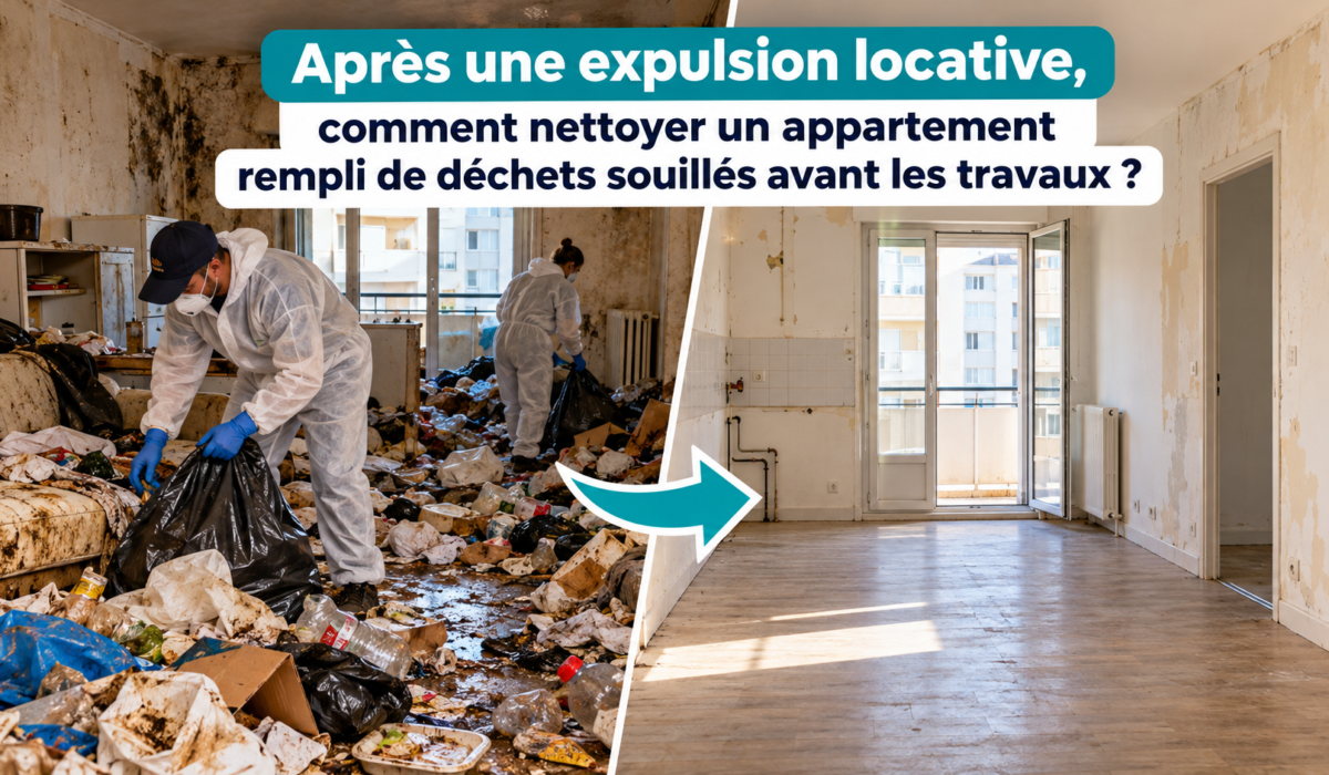 Nettoyage après expulsion locative d'un appartement rempli de déchets souillés avant travaux de rénovation.