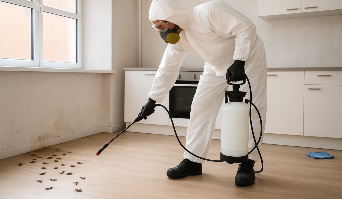 Nettoyage professionnel d’un logement après une infestation de cafards, réalisé par un technicien en combinaison de protection.