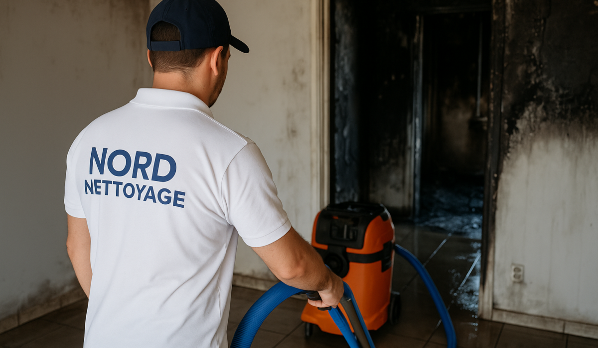 Agent de NORD NETTOYAGE nettoyant un logement après sinistre à Amiens