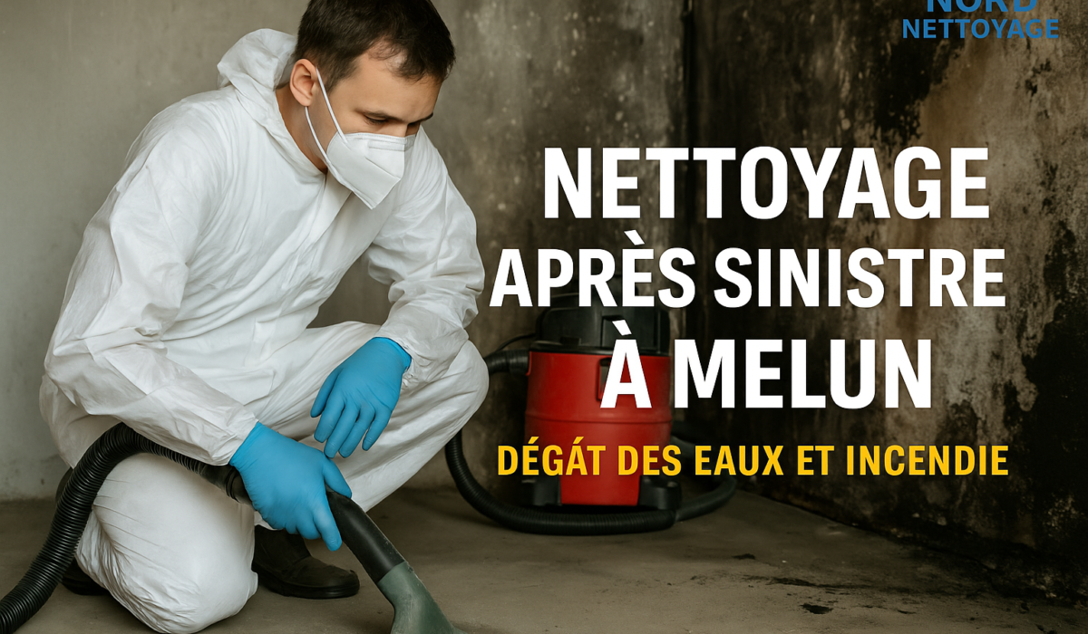 Agent de nettoyage en combinaison blanche utilisant un aspirateur après un sinistre à Melun dans une pièce endommagée par le feu