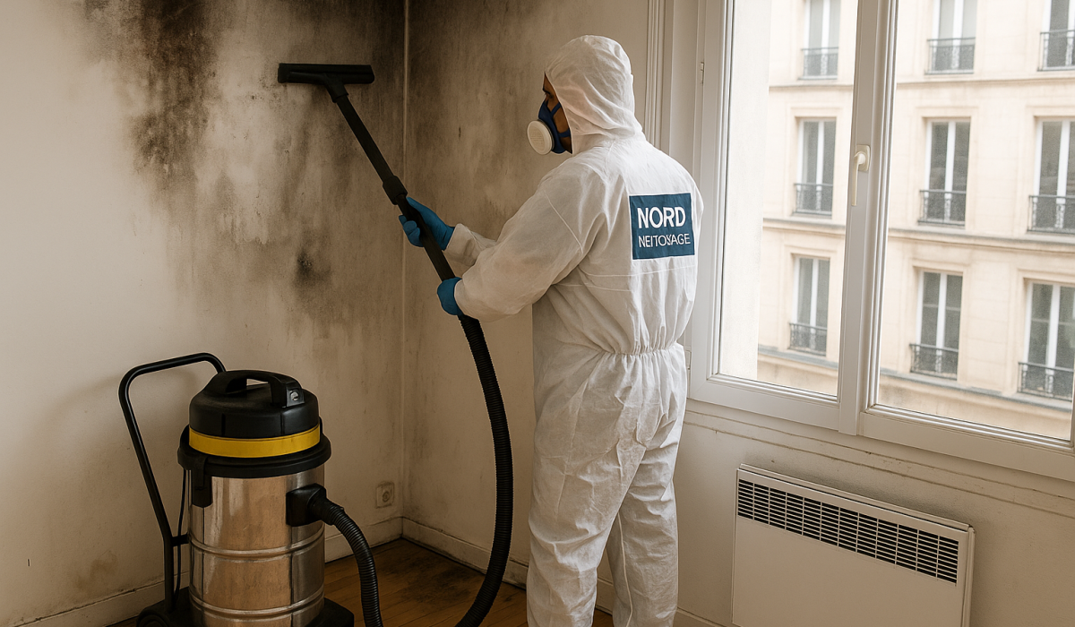 Technicien NORD NETTOYAGE nettoyant une paroi après sinistre à Paris