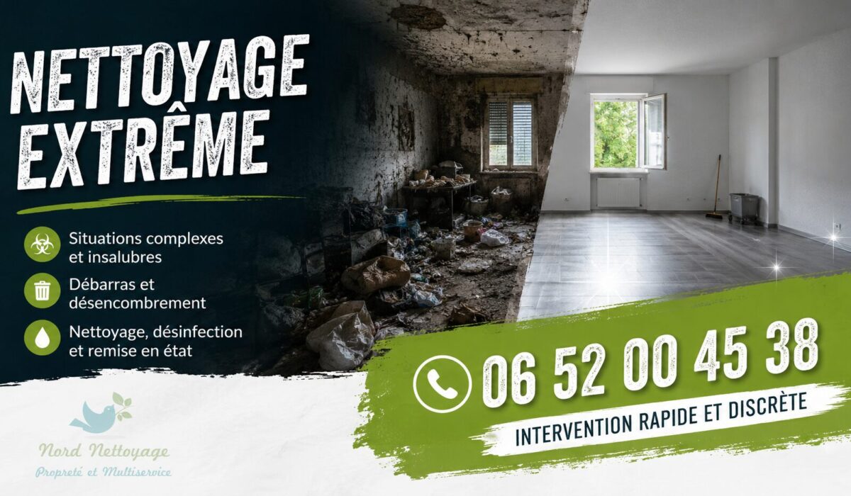 Nettoyage extrême à Archamps : désinfection, débarras et remise en état de logements insalubres par Nord Nettoyage.