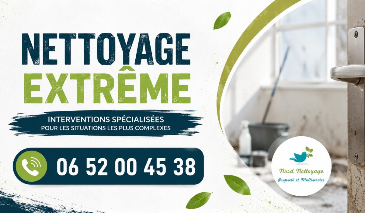 Visuel de nettoyage extrême à Aydat avec numéro de contact, intervention spécialisée pour logements insalubres, syndrome de Diogène, débarras et désinfection.