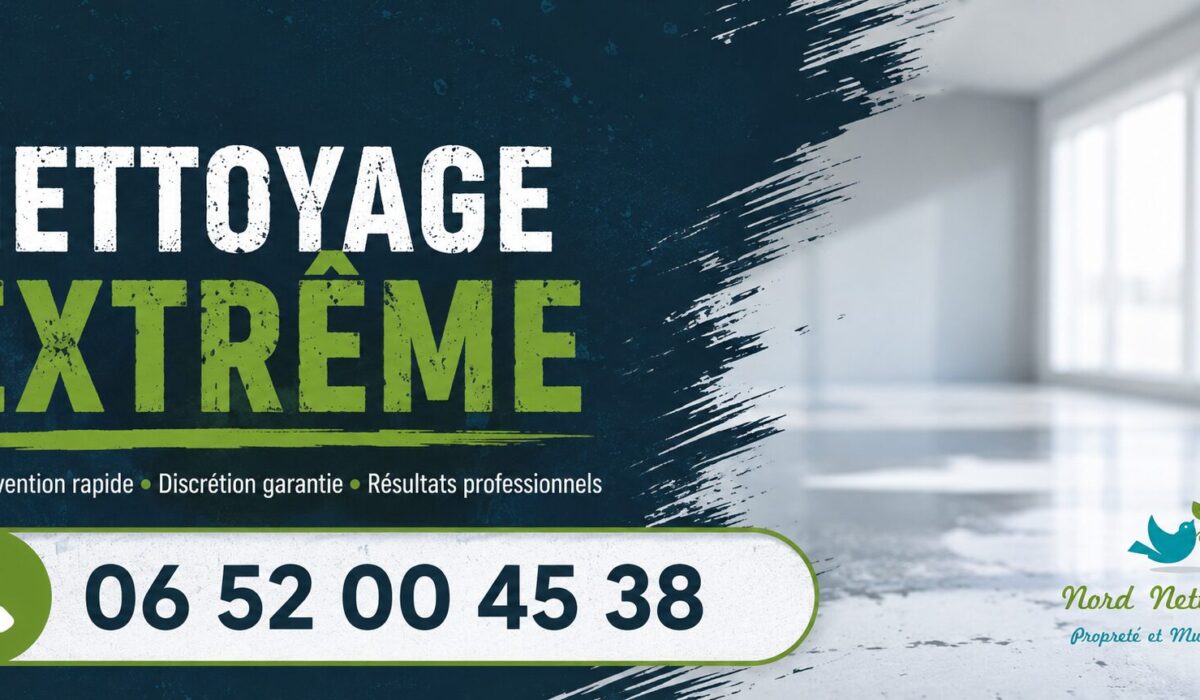 Nettoyage extrême professionnel avec intervention rapide, numéro de téléphone 06 52 00 45 38 et logo Nord Nettoyage discret.