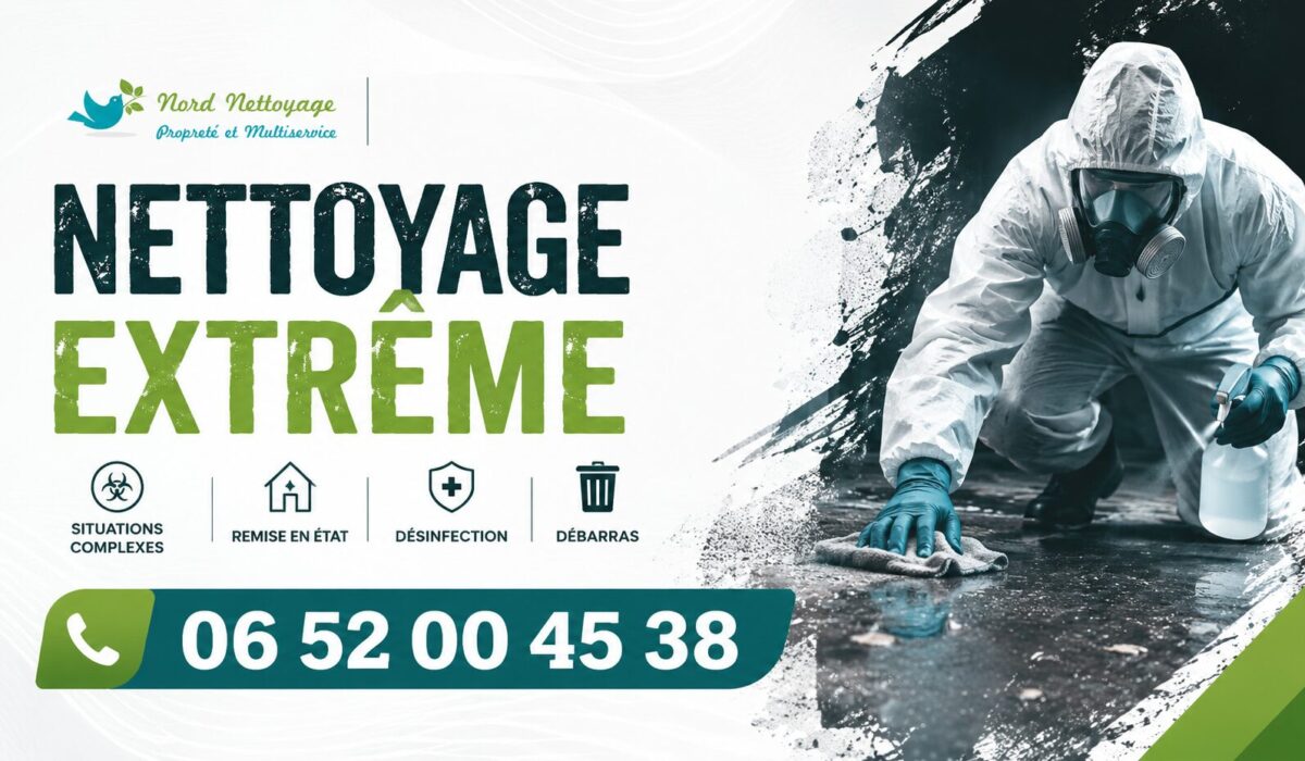 Visuel publicitaire de nettoyage extrême à Biviers avec numéro de téléphone 06 52 00 45 38 et services de désinfection, débarras et remise en état.