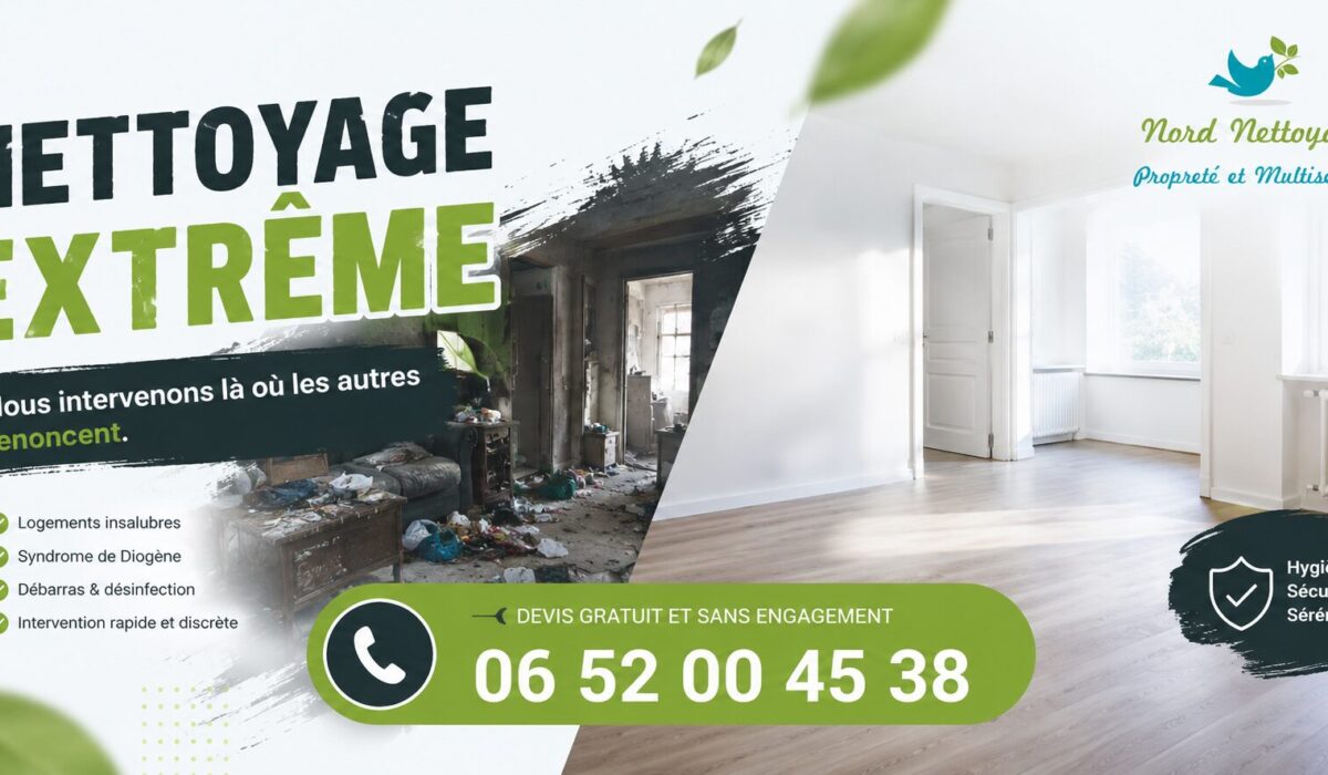 Bannière horizontale de nettoyage extrême avec intérieur avant/après rénovation, numéro 06 52 00 45 38 et logo Nord Nettoyage discret.