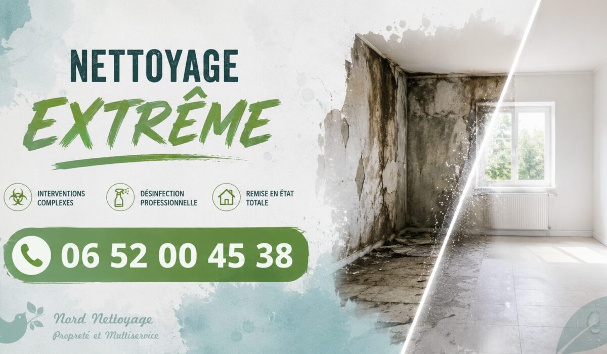 Visuel professionnel de nettoyage extrême à Le Bois-d'Oingt avec numéro de téléphone 06 52 00 45 38 et intervention spécialisée pour logements insalubres.