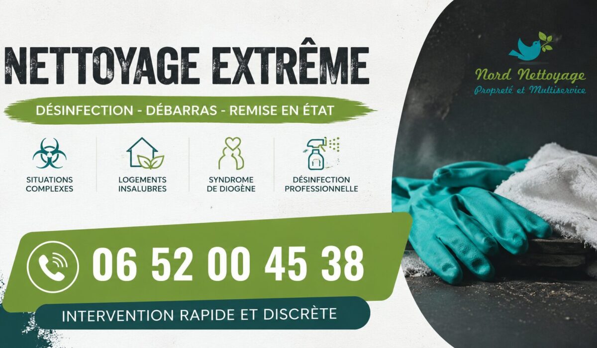 Nettoyage extrême professionnel avec intervention rapide, désinfection, débarras et remise en état de logements insalubres.