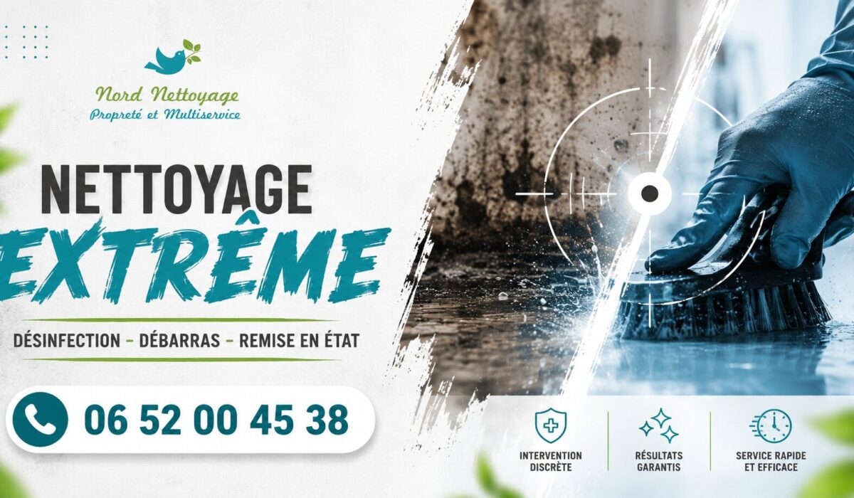 Visuel professionnel de nettoyage extrême à Bussy-Saint-Georges avec numéro de contact 06 52 00 45 38 et service de désinfection, débarras et remise en état.