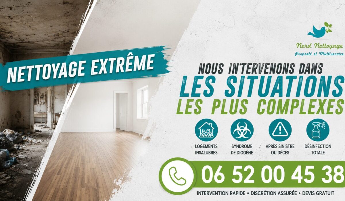 Nettoyage extrême à Ceyzériat avec Nord Nettoyage, spécialiste du nettoyage après sinistre, syndrome de Diogène, décès et logements insalubres.