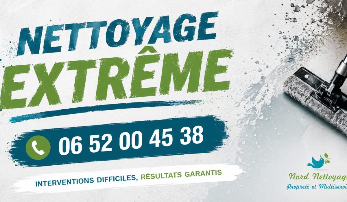Bannière de nettoyage extrême à Charenton-le-Pont avec numéro de téléphone 06 52 00 45 38 et logo Nord Nettoyage.
