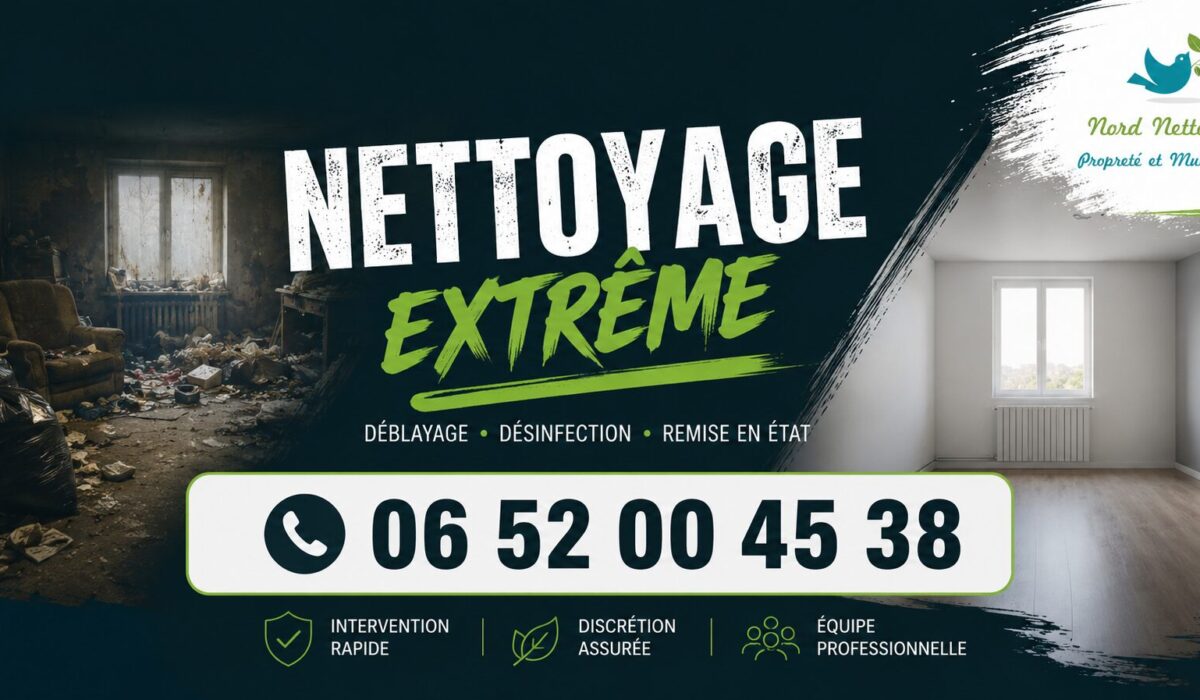 Visuel publicitaire de nettoyage extrême à Chilly-Mazarin avec remise en état de logements insalubres, débarras, désinfection et intervention rapide.