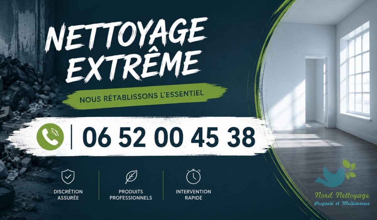 Visuel publicitaire horizontal de Nettoyage Extrême à Claye-Souilly avec numéro de téléphone 06 52 00 45 38 et logo discret, spécialisé dans le nettoyage professionnel et multiservices