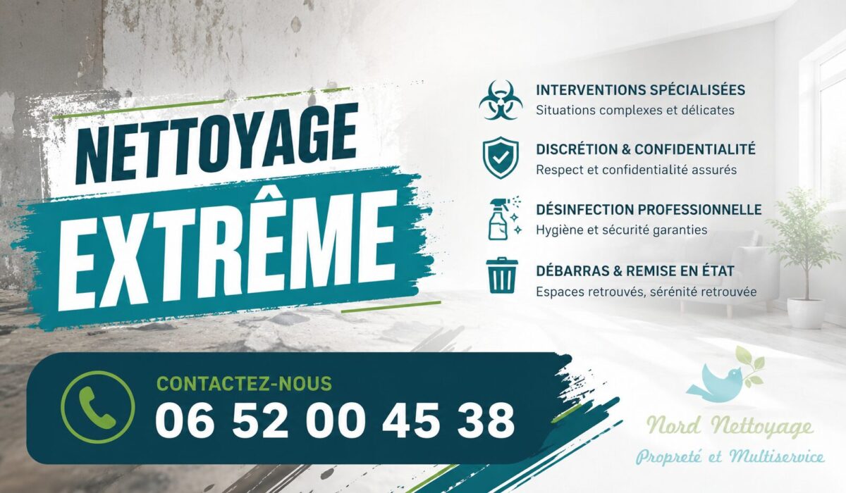 Visuel de nettoyage extrême à Dommartin avec intervention rapide, numéro de contact et expertise en désinfection, débarras et remise en état.