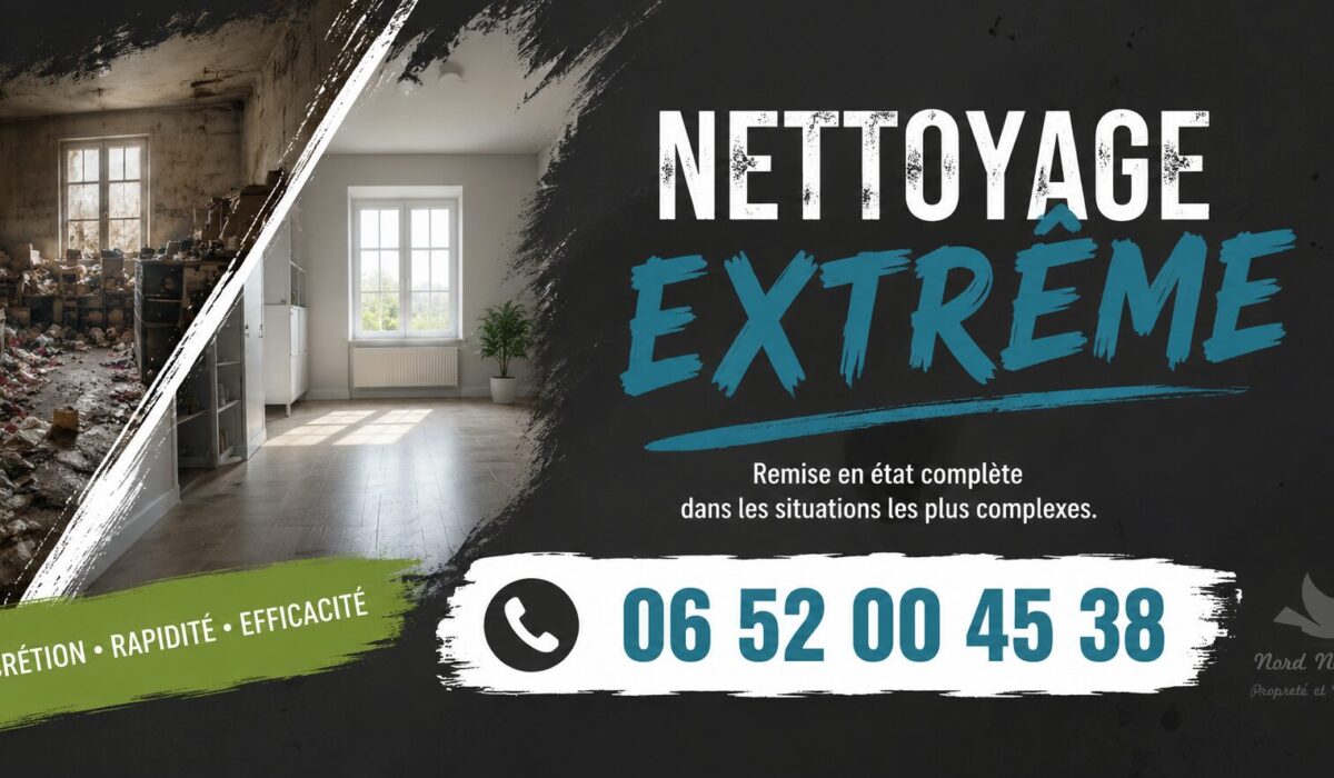 Bannière horizontale de nettoyage extrême avec avant/après d’un logement insalubre, numéro 06 52 00 45 38 et logo discret Nord Nettoyage.