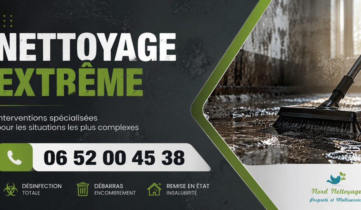 Visuel professionnel de nettoyage extrême à Élancourt avec intervention spécialisée pour logements insalubres, syndrome de Diogène et désinfection.