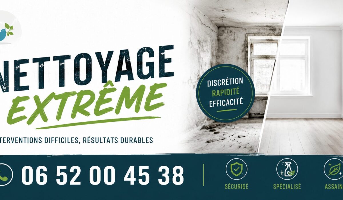Bannière professionnelle de nettoyage extrême à Les Essarts-le-Roi avec numéro de téléphone 06 52 00 45 38 et visuel de transformation avant/après nettoyage.