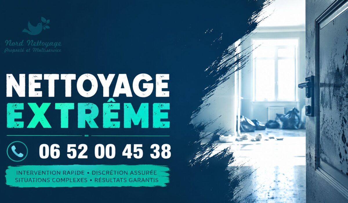 Visuel publicitaire de nettoyage extrême à Étampes avec numéro de téléphone et services de désinfection, débarras et remise en état.