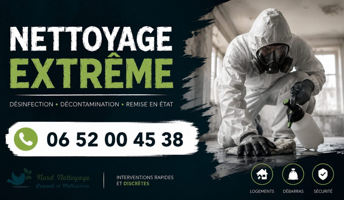 Visuel publicitaire de nettoyage extrême à Frepillon avec numéro de téléphone, désinfection, débarras et remise en état de logements très dégradés.