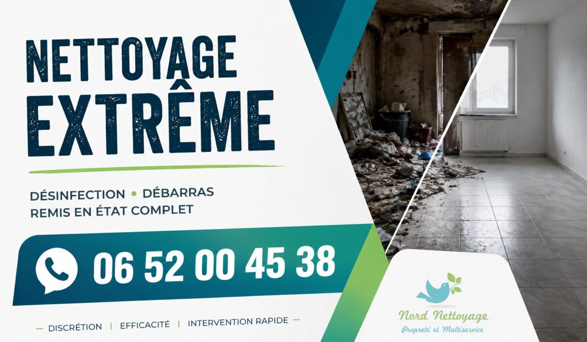Visuel professionnel de nettoyage extrême à L'Haÿ-les-Roses avec numéro de téléphone 06 52 00 45 38, services de désinfection, débarras et nettoyage de logements insalubres.