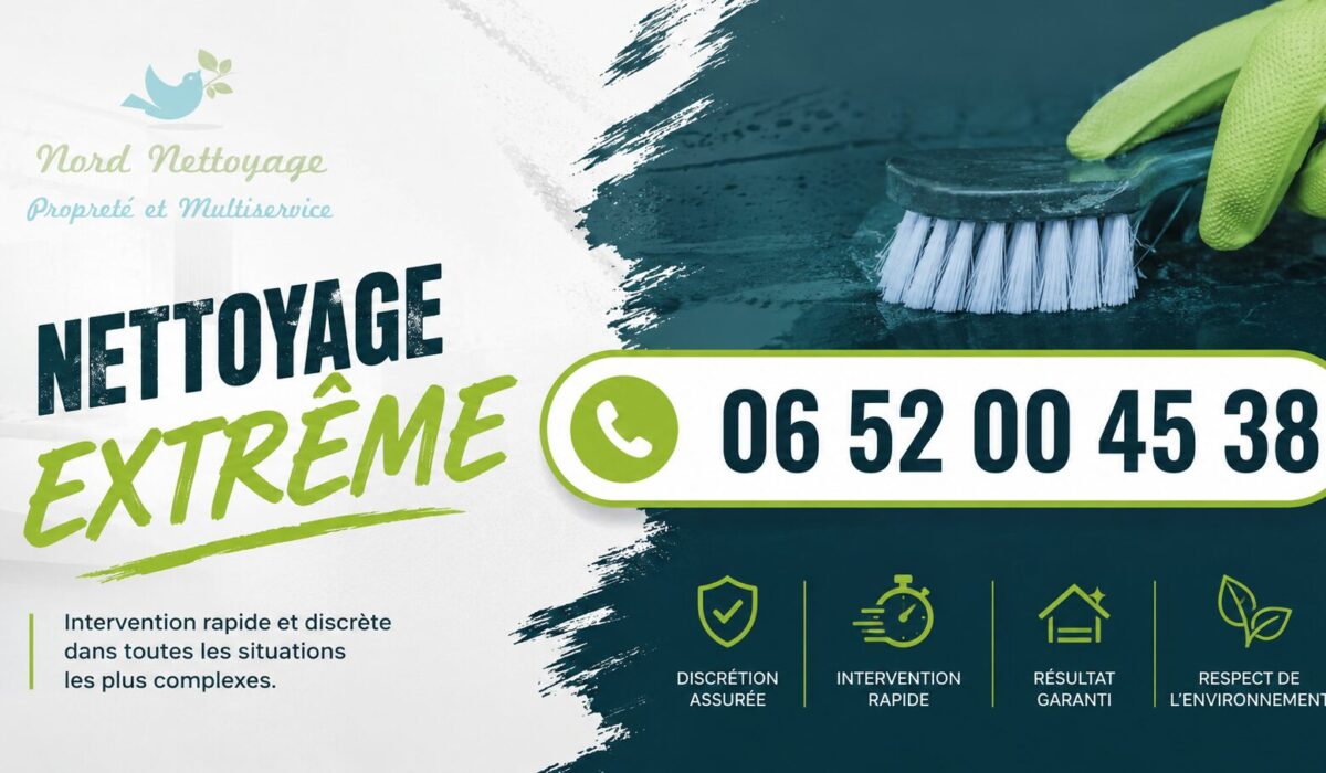 Visuel de nettoyage extrême à La Courneuve avec numéro d’intervention rapide 06 52 00 45 38 et services de désinfection, débarras et remise en état.