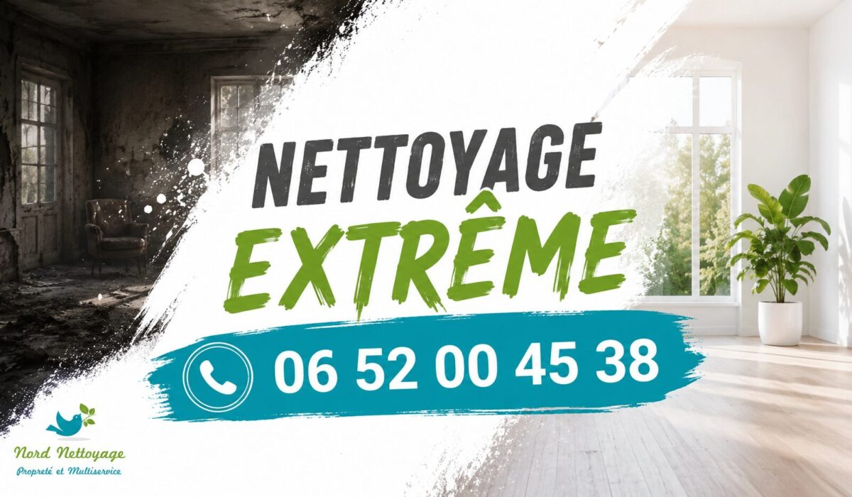 Visuel publicitaire de nettoyage extrême à Luzinay avec transformation avant-après d'un logement et numéro de contact 06 52 00 45 38.